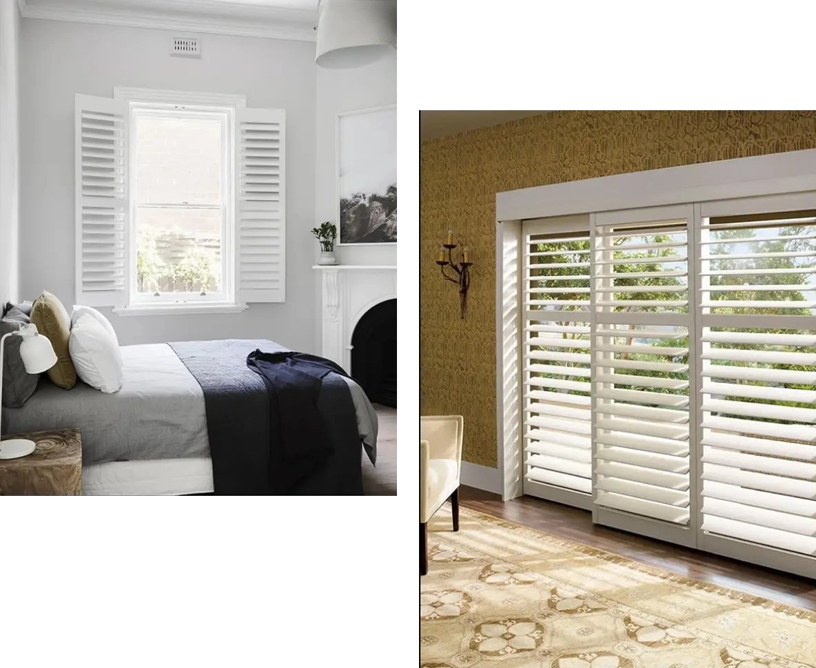 A bedroom and living room with shutters on the windows.